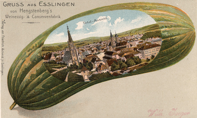 A postcard with a gherkin and the city of Esslingen a.N.