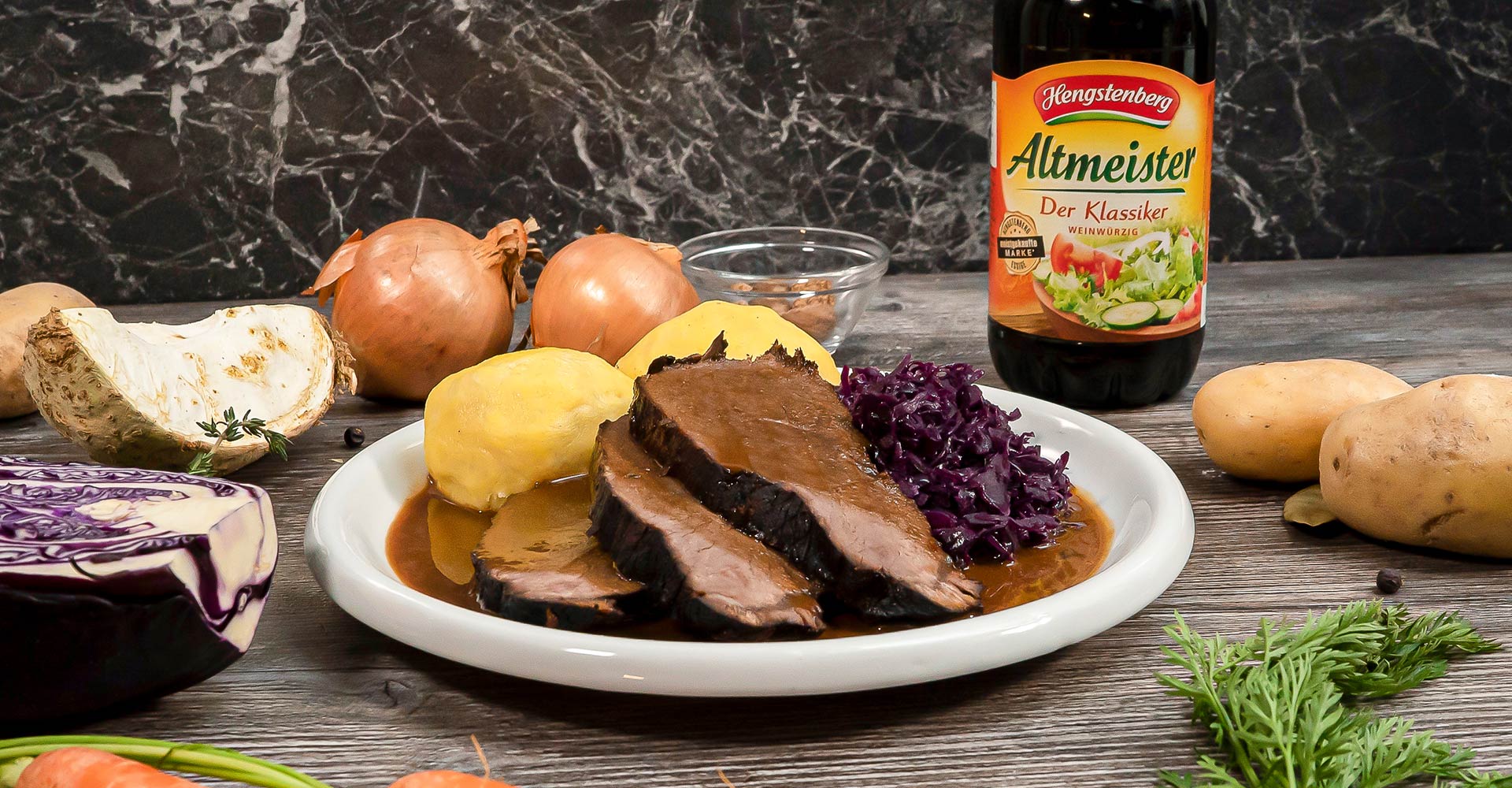 Classic Marinated Pot Roast with Potato Dumplings and Red Cabbage