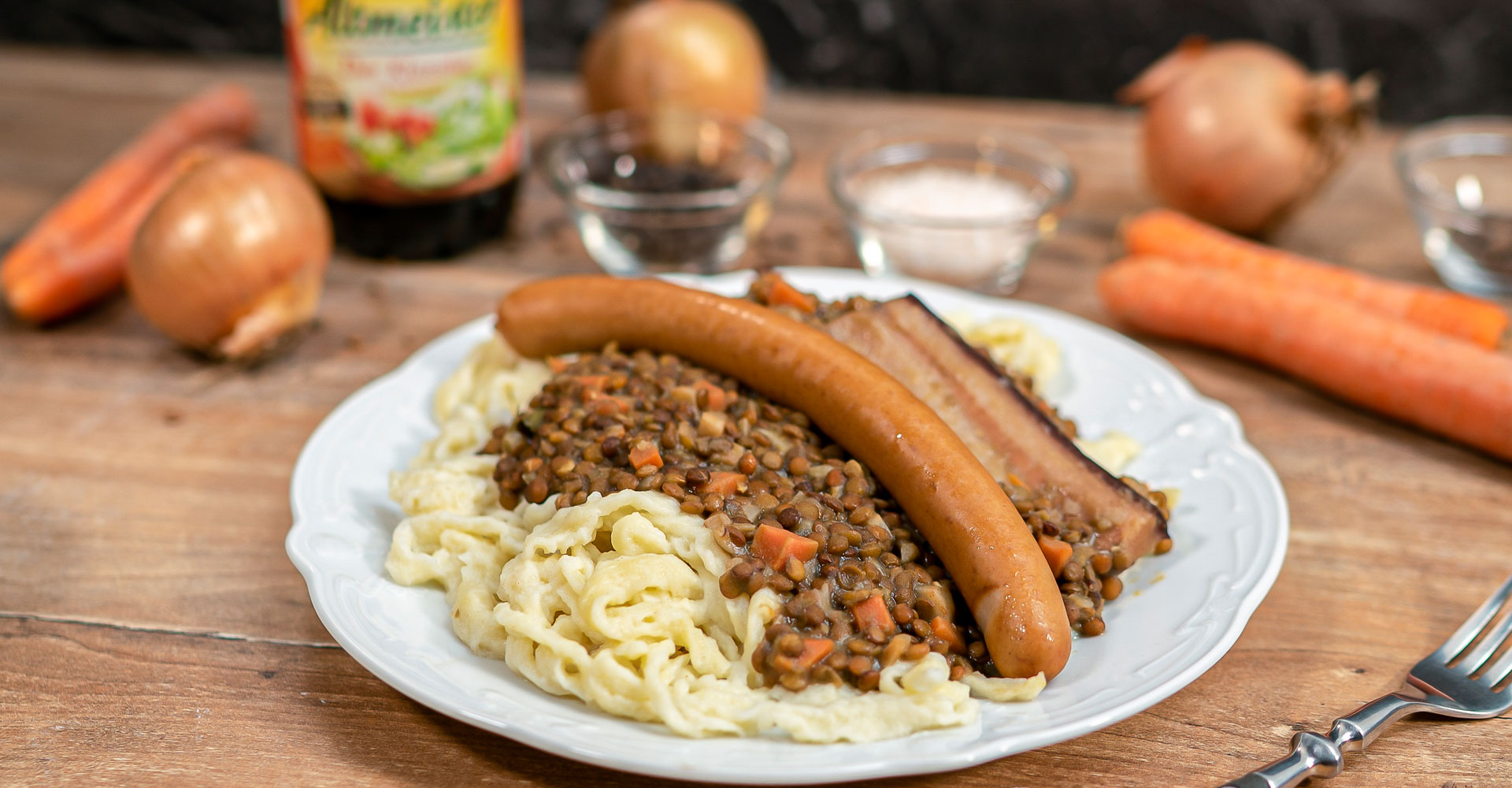 Swabian Lentils with Spaetzle and Frankfurters